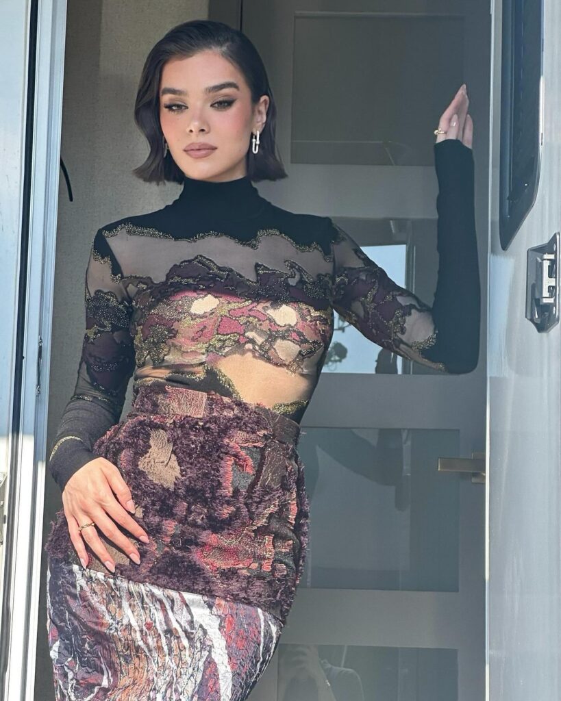 Hailee Steinfeld poses elegantly in a black and sheer outfit, standing beside a door with a confident expression.