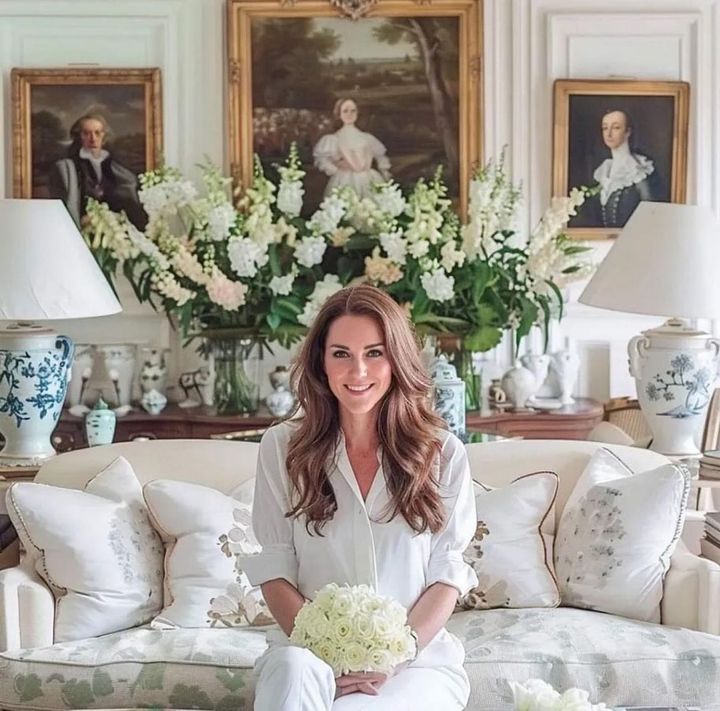  Kate Middleton, dressed in white, smiles while holding a bouquet of white flowers, seated on a plush sofa in an elegant room adorned with floral arrangements and classic portraits.