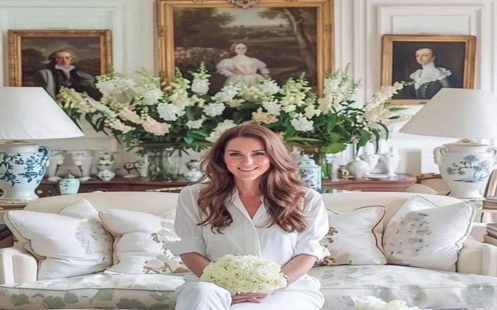 Kate Middleton, dressed in white, smiles while holding a bouquet of white flowers, seated on a plush sofa in an elegant room adorned with floral arrangements and classic portraits.