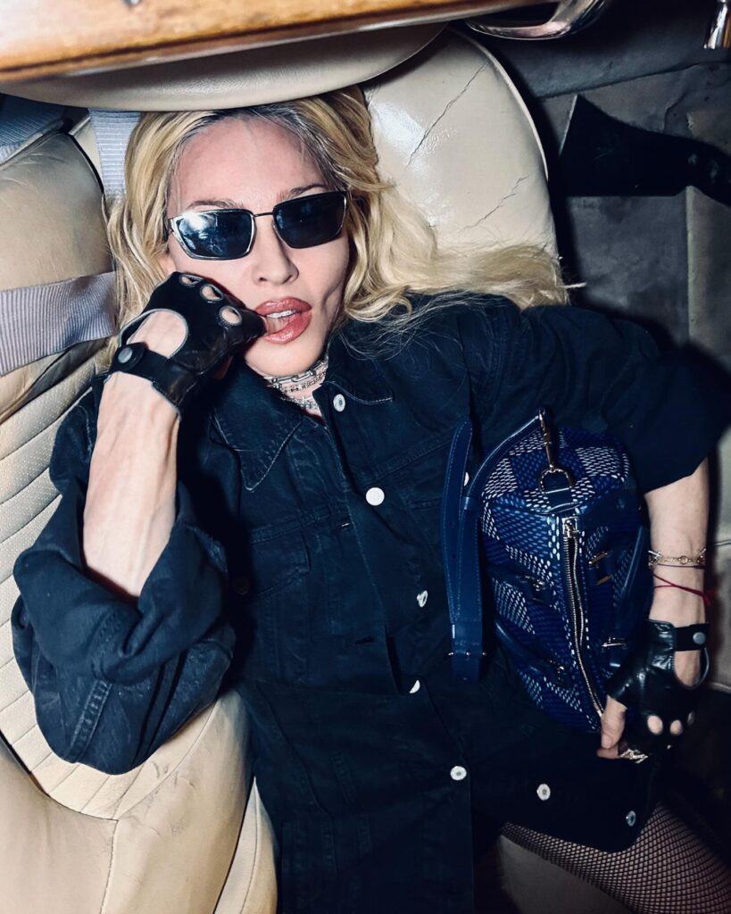 A glamorous portrait of Madonna wearing a stylish outfit and bold accessories. She has her head turned slightly, showcasing her strong features and confident expression. The background is softly blurred, emphasizing her presence and highlighting the elegance of the moment.