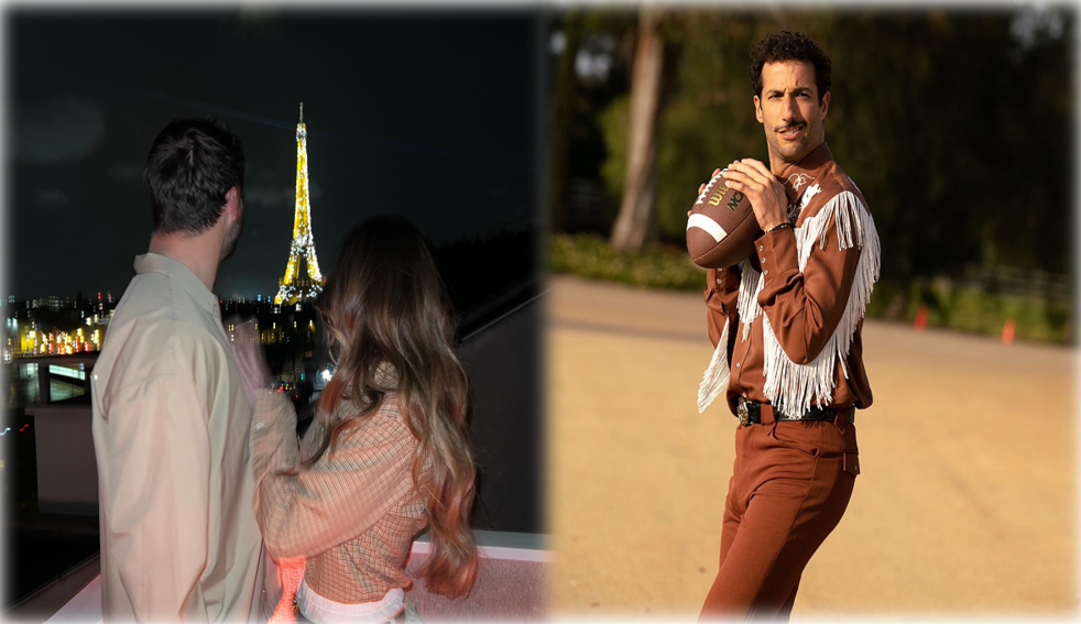  split image featuring two scenes: on the left, a couple gazes at the illuminated Eiffel Tower at night, and on the right, a man in a fringed brown shirt poses confidently while holding a football outdoors.