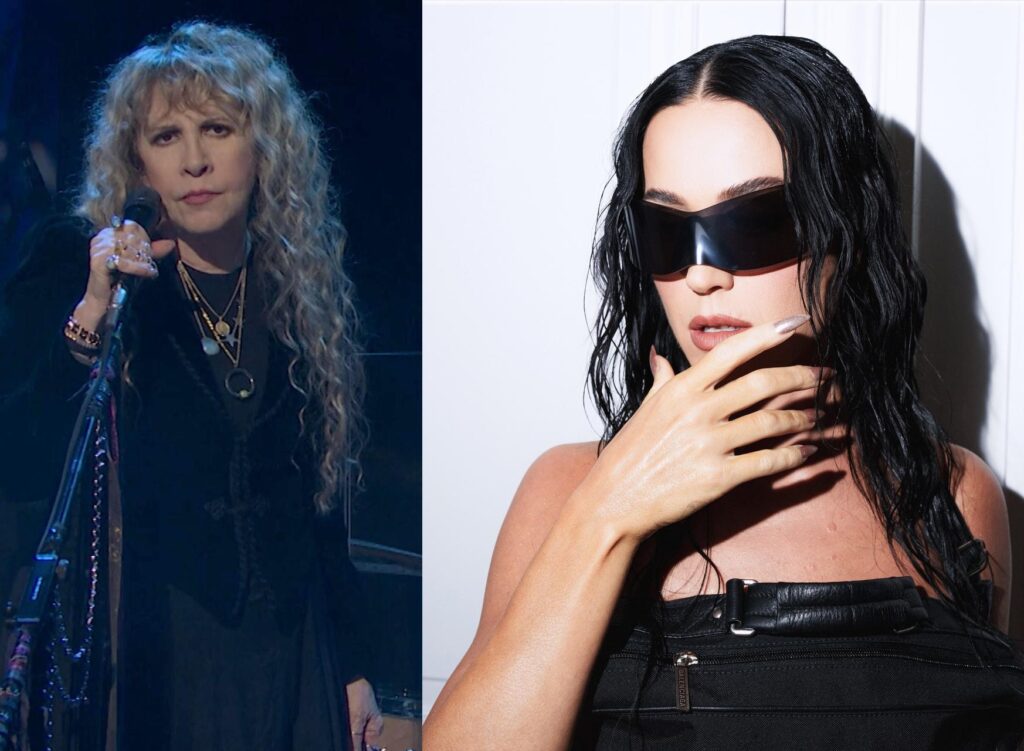 A split image featuring Stevie Nicks on the left, holding a microphone and wearing a black outfit with long, curly hair, and Katy Perry on the right, posing with dark sunglasses and wet, sleek hair, showcasing her hand on her face.