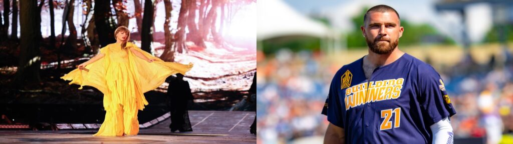 Taylor Swift performs on stage in a flowing yellow dress against a forest backdrop, while Travis Kelce stands confidently in a blue sports jersey, showcasing their distinct styles in the entertainment and sports worlds.