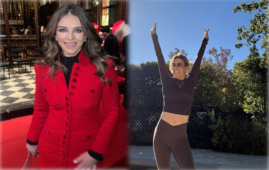 Elizabeth Hurley in a red jacket at an event; Kit Hoover outdoors, smiling with arms raised under a clear sky.