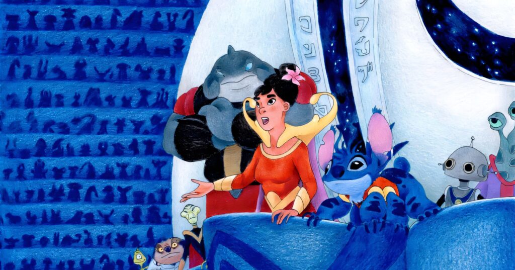 Colorful illustration of Stitch and diverse aliens gathered in a futuristic chamber, with a woman in an orange suit gesturing from a blue balcony against a wall of glyphs and starry windows.