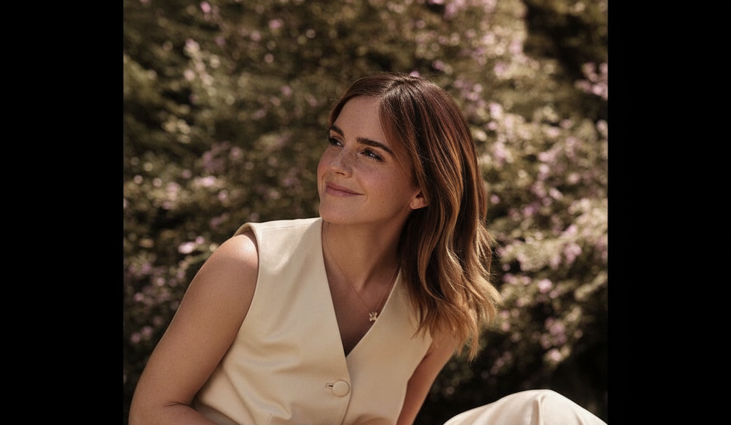 Emma Watson is sitting on the grass, smiling and looking away from the camera. She is wearing a cream-colored vest and pants, and is gently petting a sleeping puppy in her lap. The background is a soft-focus shot of pink flowers.