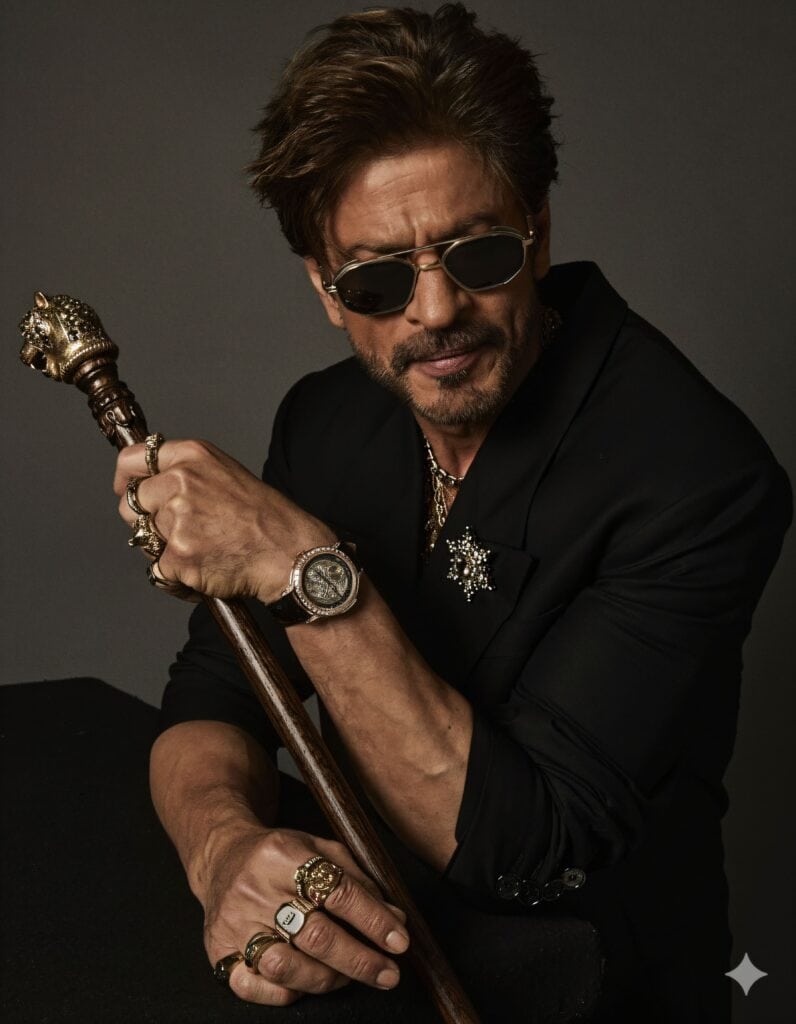 Shah Rukh Khan in a black suit, sunglasses, and a watch, holding a lion-head cane while wearing multiple gold rings and a heavy gold necklace.