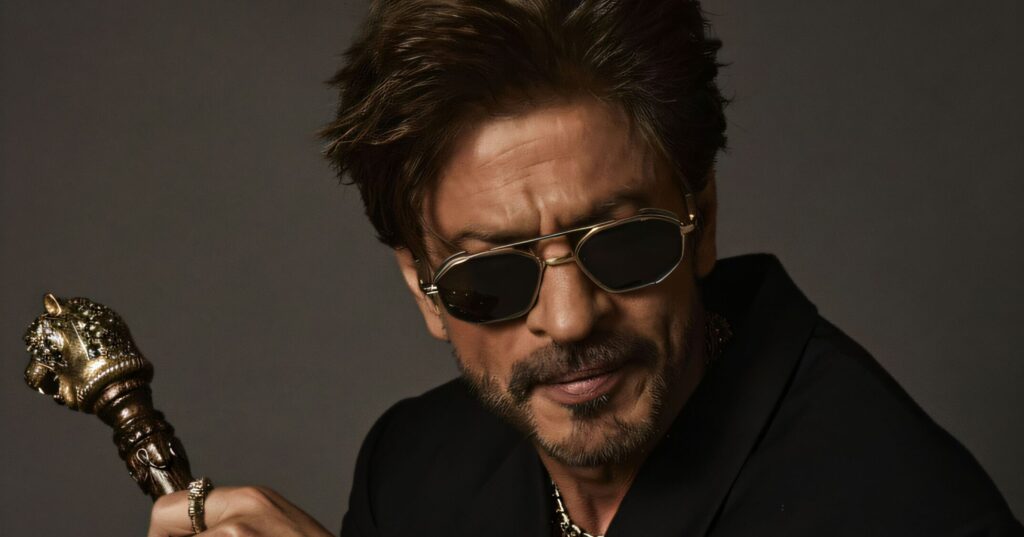 Shah Rukh Khan in a black suit, sunglasses, and a watch, holding a lion-head cane while wearing multiple gold rings and a heavy gold necklace.