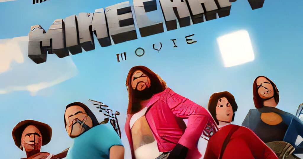 A bizarre movie poster featuring five human-like characters and the Minecraft logo in a blocky, stylized landscape.
