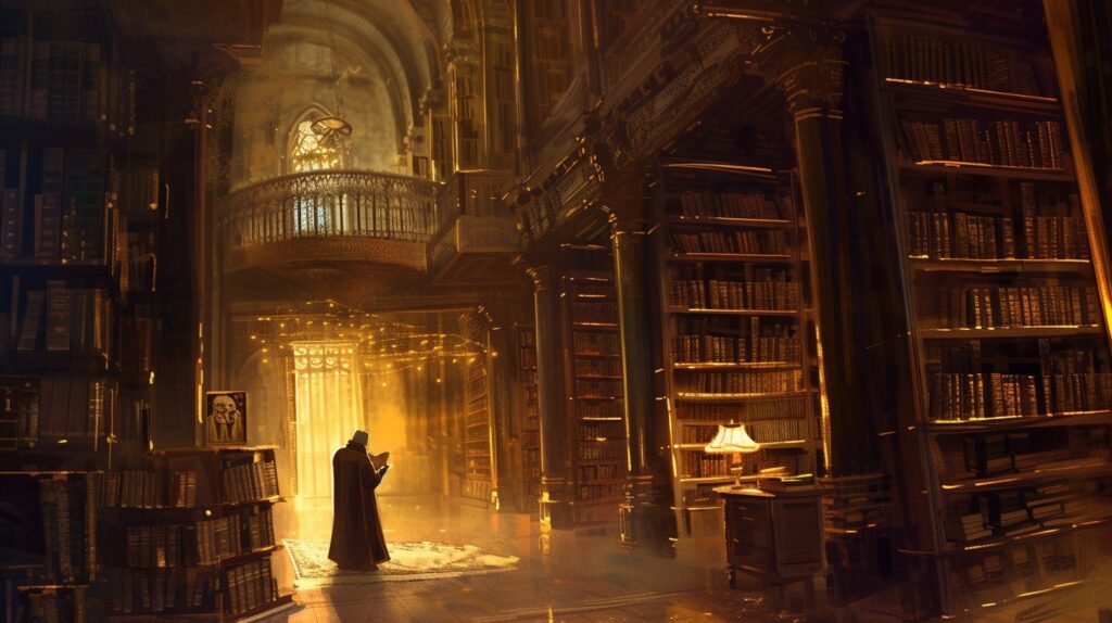 light floods an ornate library as a cloaked figure reads beneath balconies and towering bookcases.