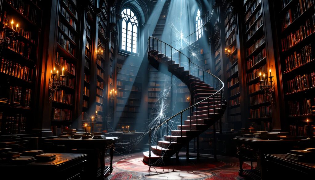 Sunbeams pierce a gothic library, illuminating a red-carpeted spiral staircase amid towering shelves, candles, and floating dust motes.
