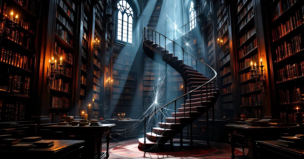 Sunbeams pierce a gothic library, illuminating a red-carpeted spiral staircase amid towering shelves, candles, and floating dust motes.