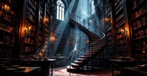 Sunbeams pierce a gothic library, illuminating a red-carpeted spiral staircase amid towering shelves, candles, and floating dust motes.