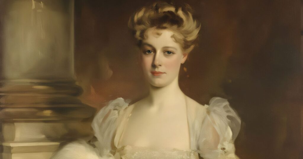 An oil portrait of an Edwardian-era woman, identified as Mrs. Charles S. Carstairs by John Singer Sargent. She wears an elegant white satin gown and a large feather boa, holding a fan while standing next to a classical pillar.