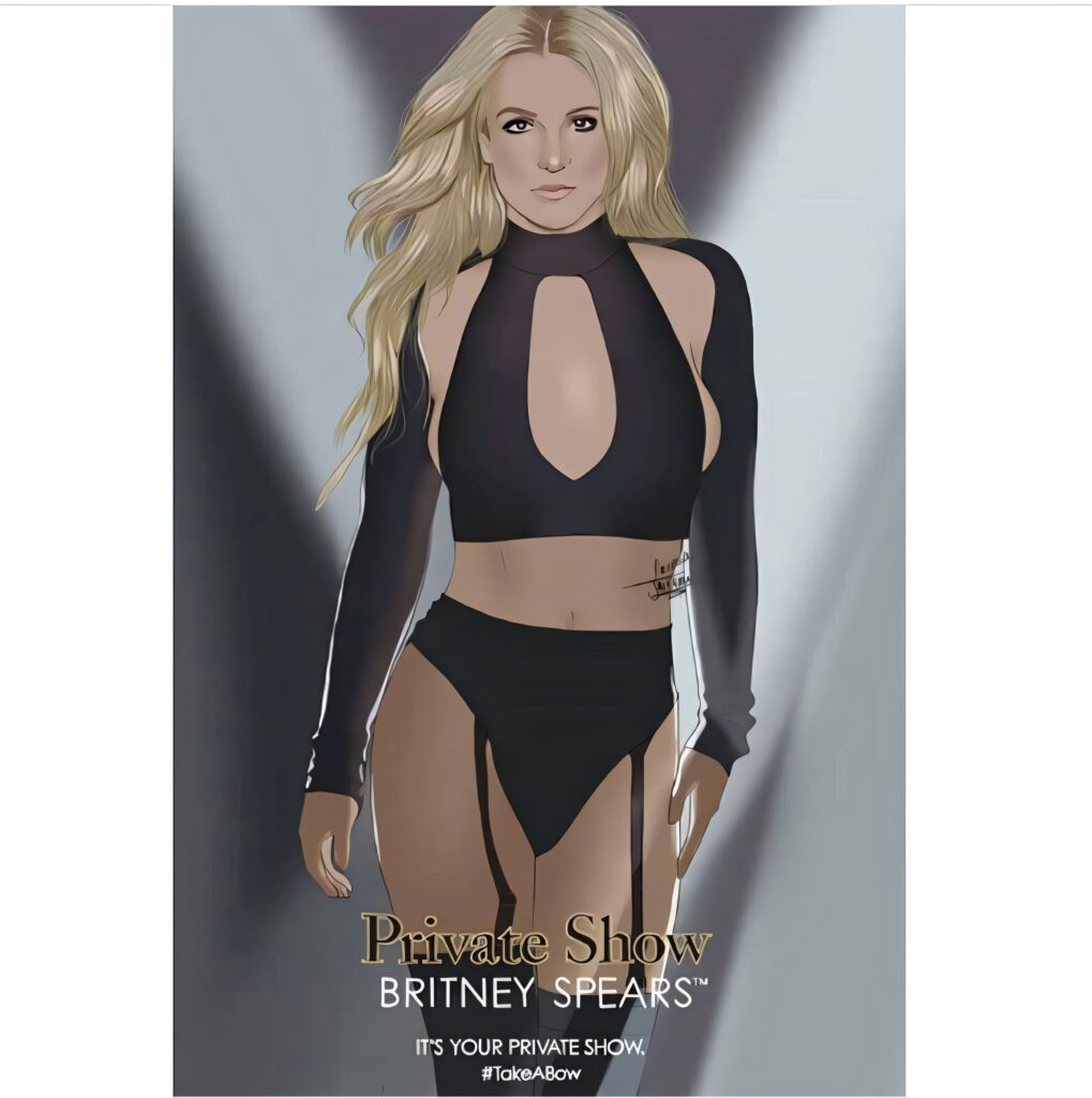 Digital artwork of Britney Spears promoting 'Private Show,' wearing a black cut-out top and high-waisted briefs with garters.