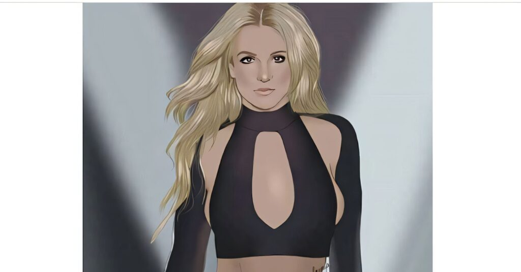 Digital artwork of Britney Spears promoting 'Private Show,' wearing a black cut-out top and high-waisted briefs with garters.