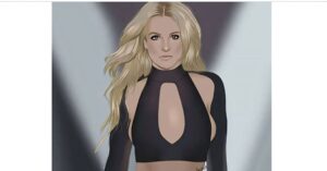 Digital artwork of Britney Spears promoting 'Private Show,' wearing a black cut-out top and high-waisted briefs with garters.