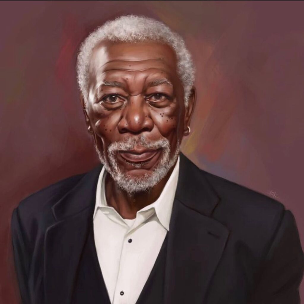 A detailed digital painting of a smiling Morgan Freeman wearing a black suit, white shirt, and his signature gold hoop earrings.