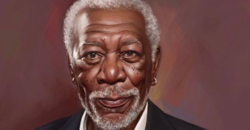 A detailed digital painting of a smiling Morgan Freeman wearing a black suit, white shirt, and his signature gold hoop earrings.